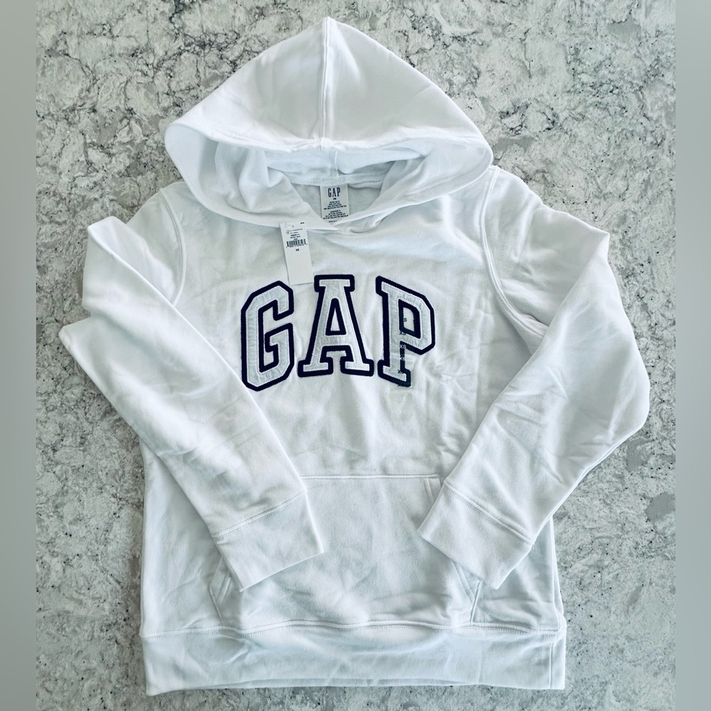 GAP Women’s Classic White Hoodie with Navy Blue Lettering Size XS NWT
